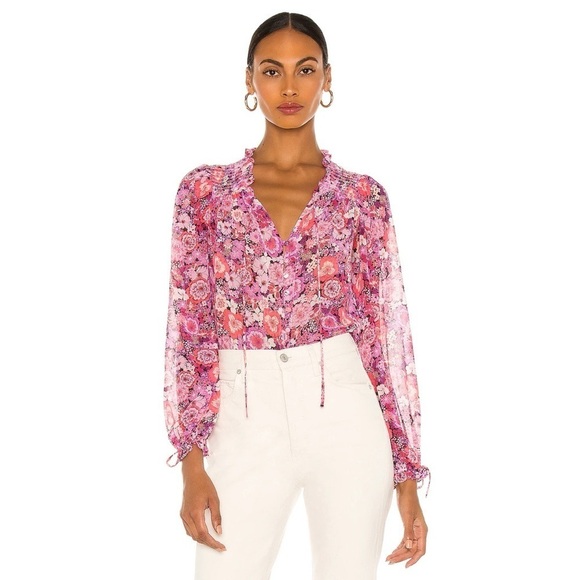 For Love & Lemons Grace Blouse Sheer Floral Long Sleeve Top in Carnation XS - Picture 1 of 12